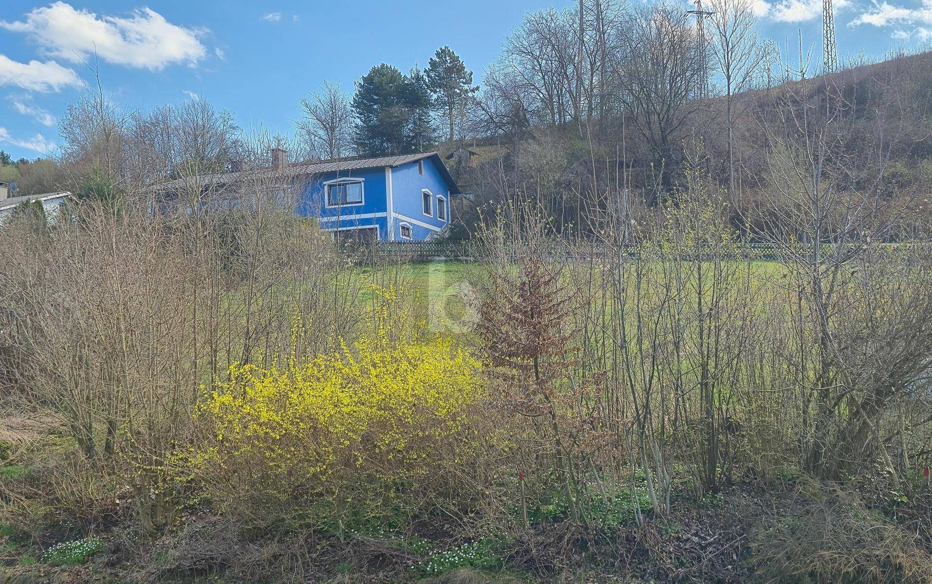 Blaues Haus auf einem Hügel, umgeben von blühenden Sträuchern und grüner Wiese im Frühling.