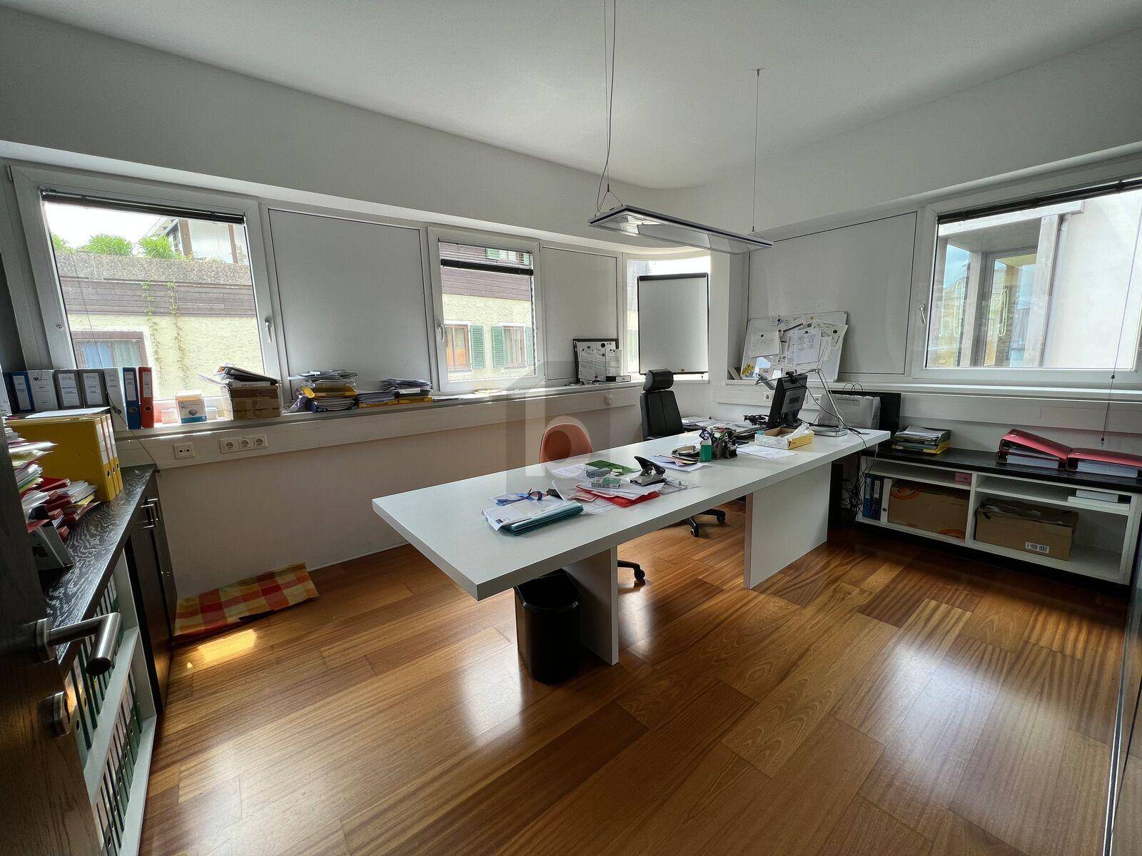 Gut beleuchteter Arbeitsbereich mit großem Schreibtisch, Holzparkett und Blick auf die Umgebung.