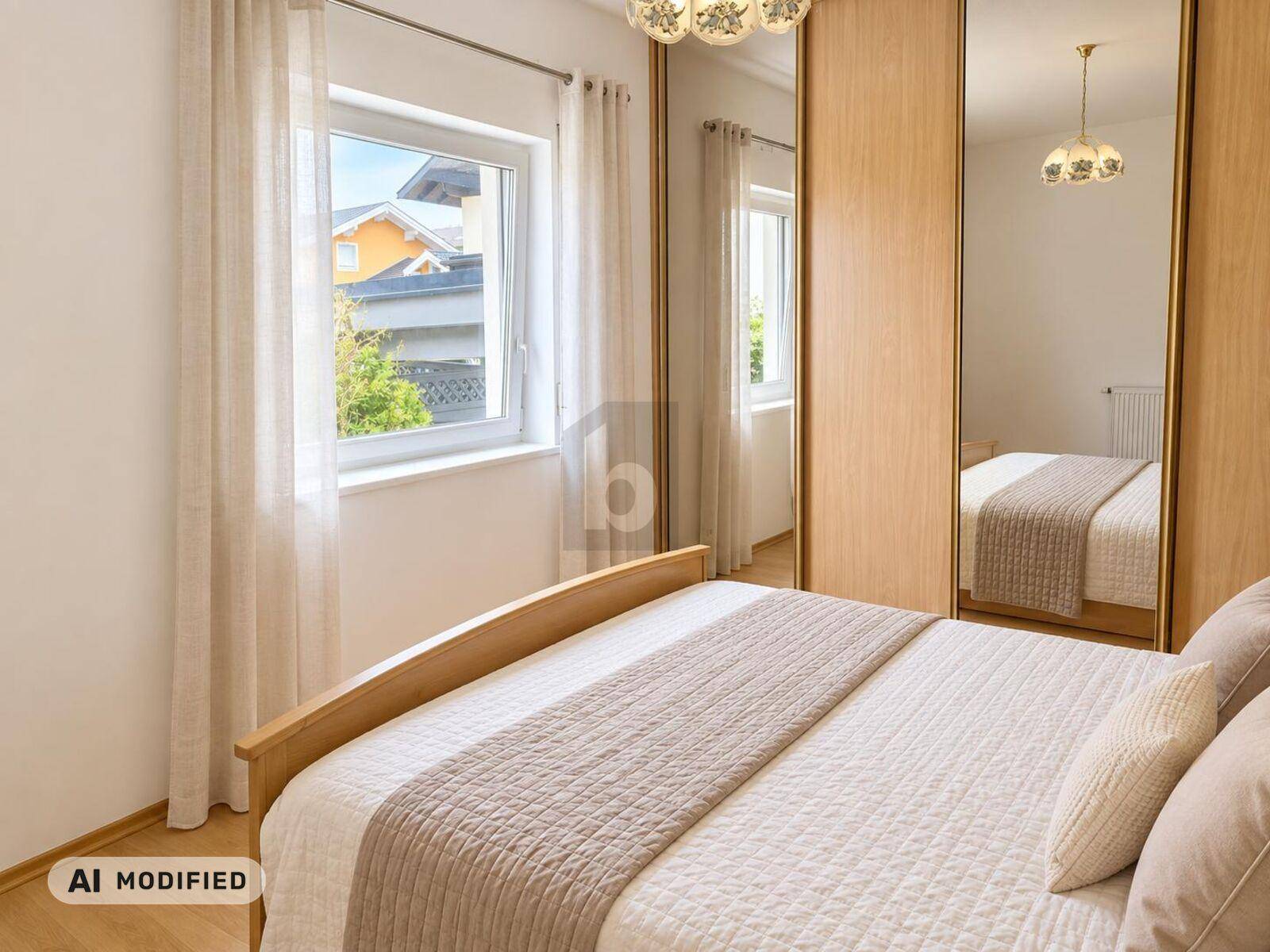 Gemütliches Schlafzimmer mit Doppelbett, Spiegelschränken und Blick ins Grüne.