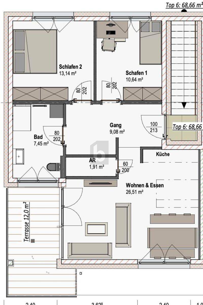 Detaillierter Grundriss einer Wohnung mit zwei Schlafzimmern, Bad, offenem Wohn-Essbereich und Terrasse.