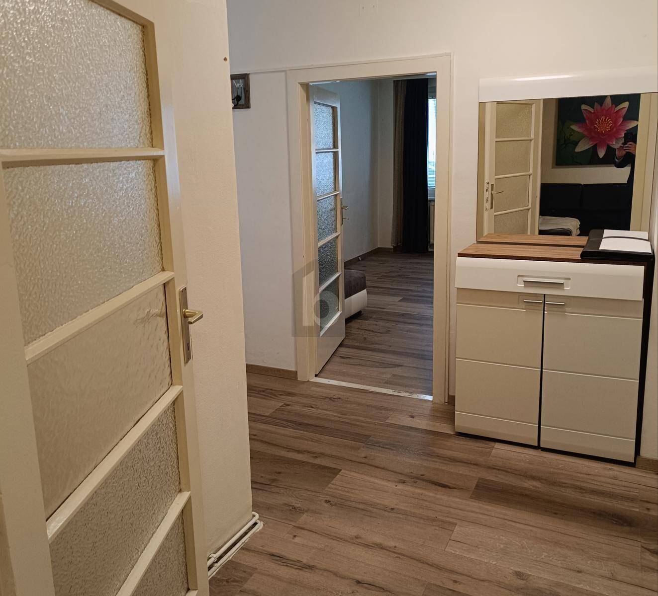 Flur mit Holzoptikboden, Schuhschrank mit Spiegel und Türen zu angrenzenden Räumen.