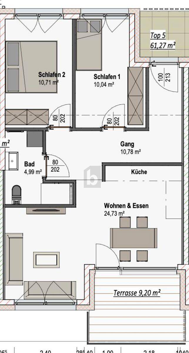 Grundriss einer Wohnung mit zwei Schlafzimmern, einem Bad und offenem Wohn-Essbereich mit Terrasse.