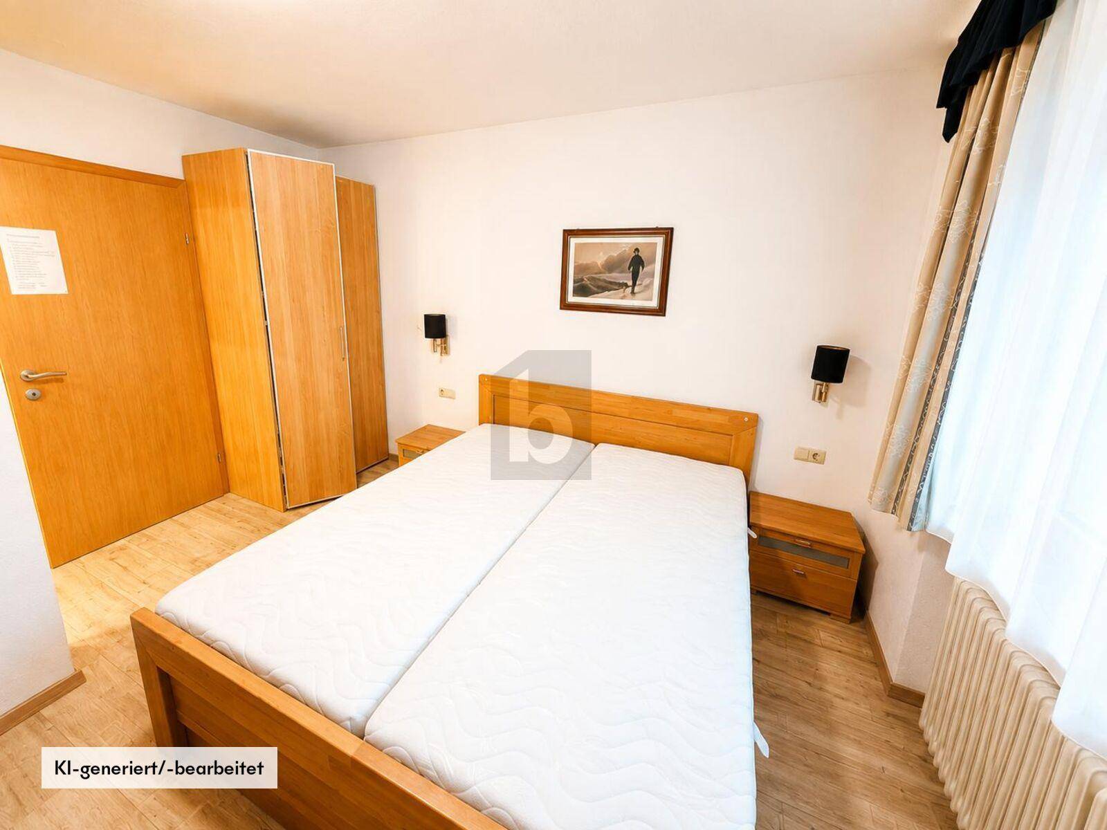 Gemütliches Schlafzimmer mit einem Doppelbett aus Holz, Nachttischen und einem Kleiderschrank.