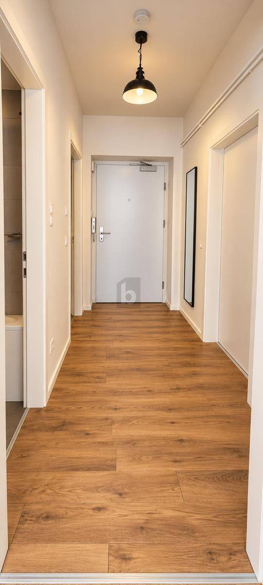 Langer Flur mit Holzboden, weißen Wänden und mehreren Türen zu angrenzenden Räumen.