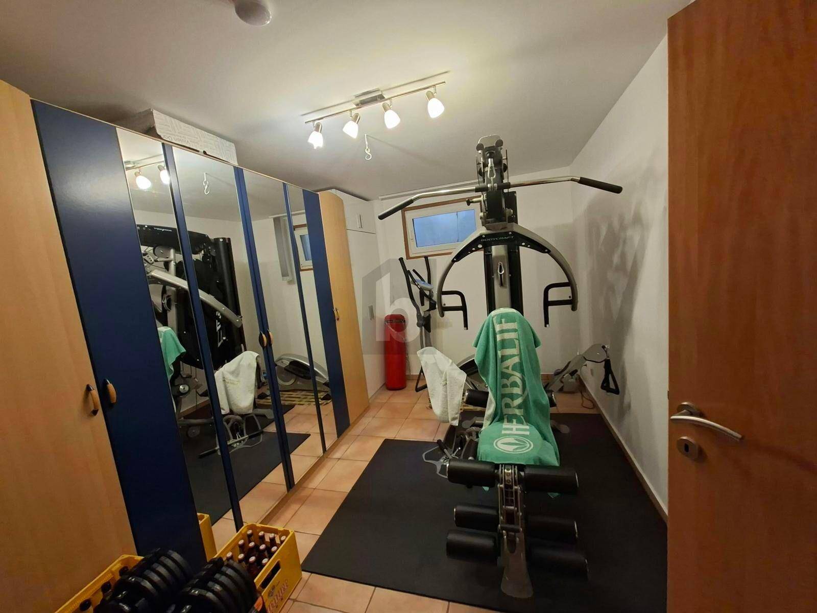 Fitnessraum mit Trainingsgeräten, Spiegelschränken und Fliesenboden.
