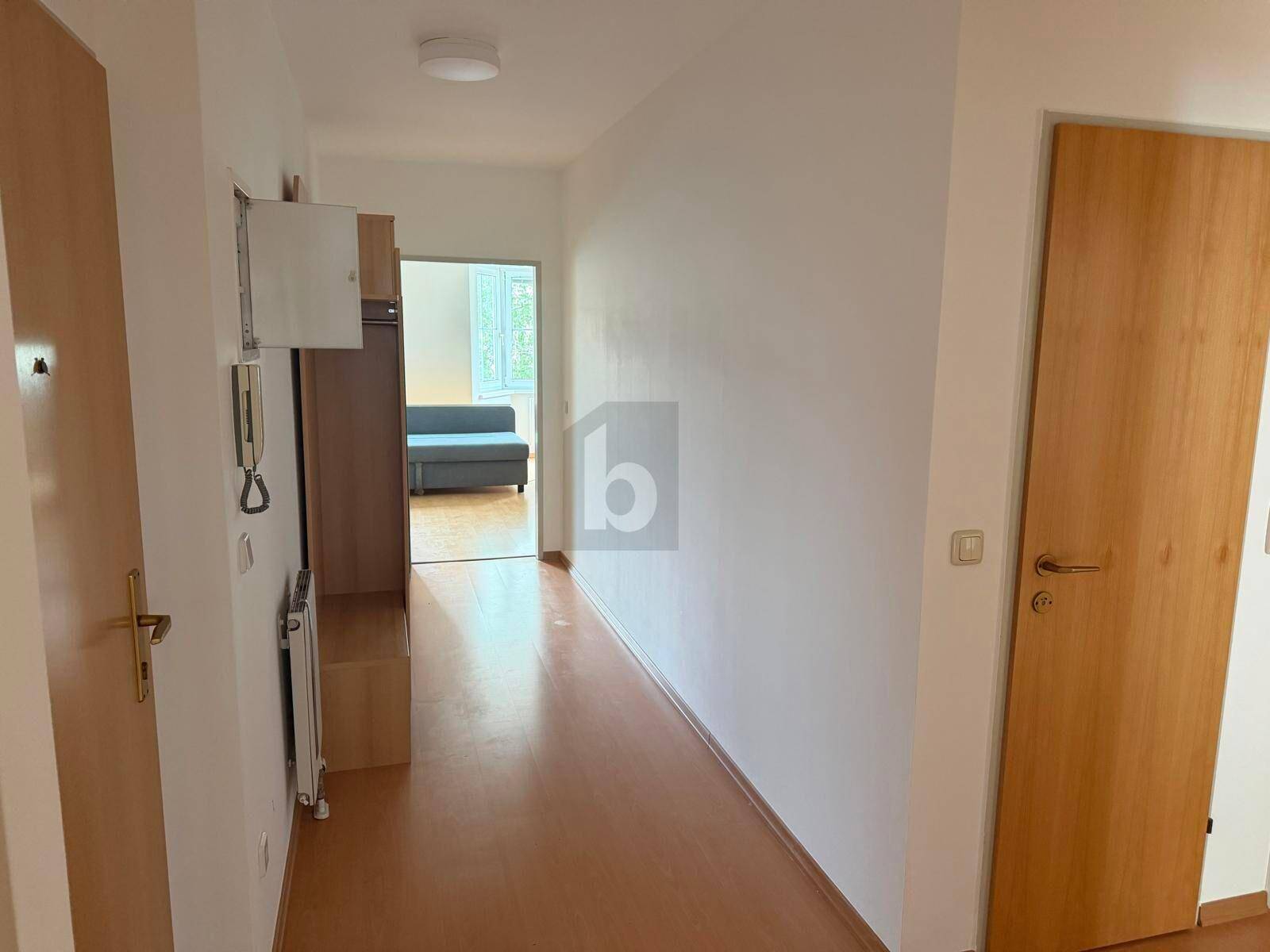 Heller Flur mit Laminatboden und Holztüren, der zu den verschiedenen Räumen führt.