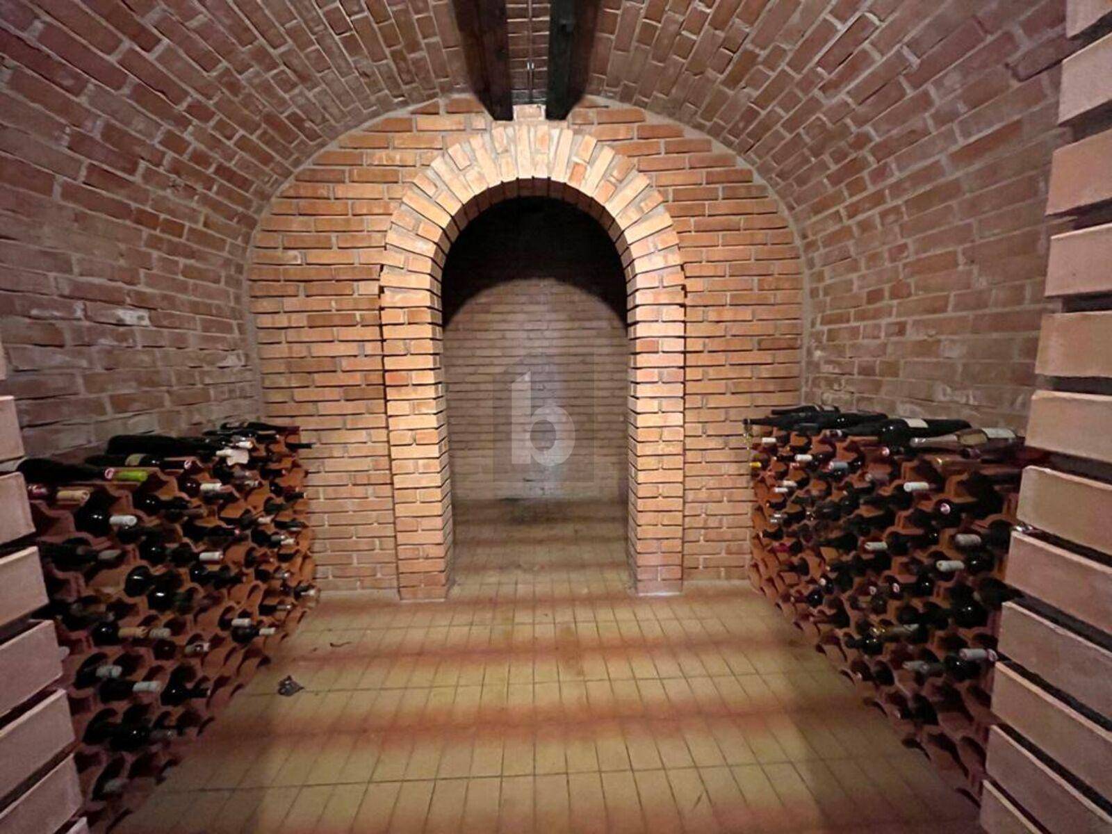 Traditioneller Weinkeller mit Ziegelgewölbe und zahlreichen Weinregalen.