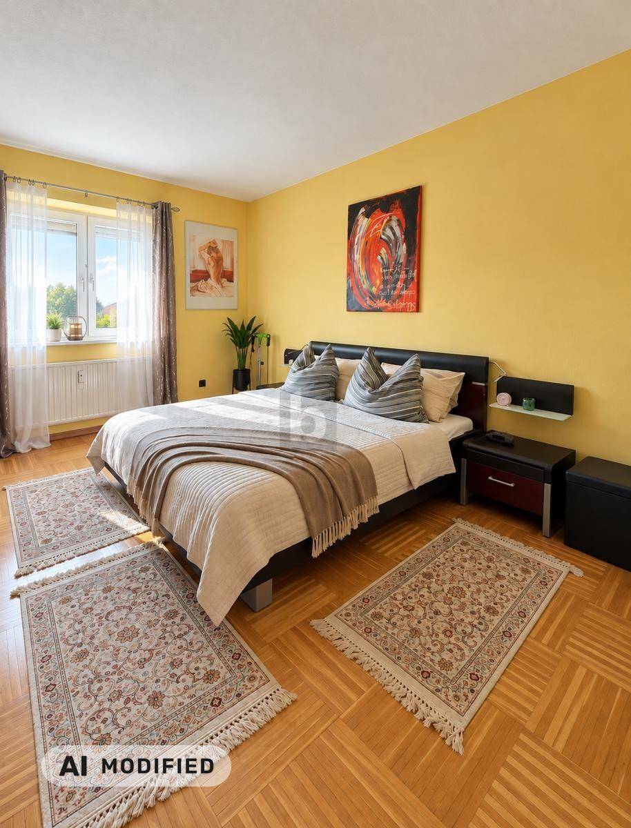 Helles Schlafzimmer mit gelben Wänden, Doppelbett und Fischgrätparkettboden.