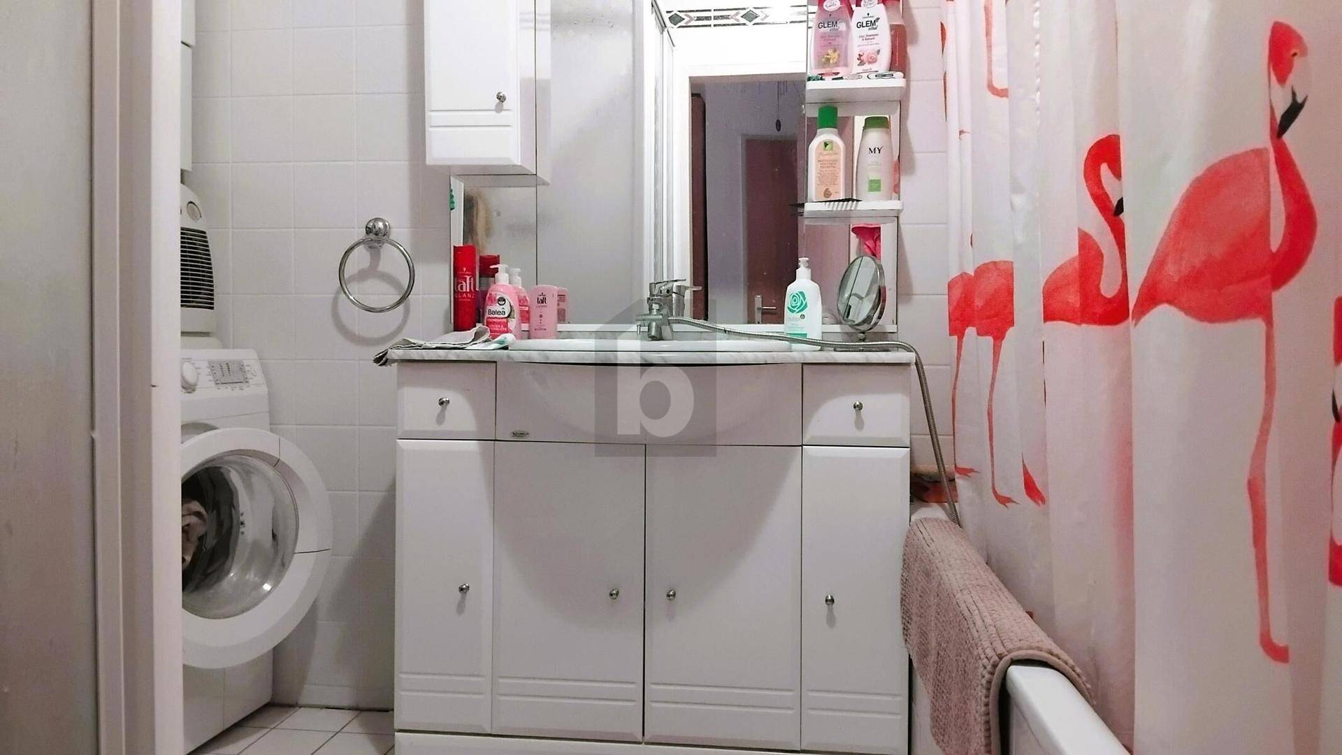 Badezimmer mit Waschbeckenunterschrank, Spiegel und einer Waschmaschine, dekoriert mit einem Flamingo-Duschvorhang.