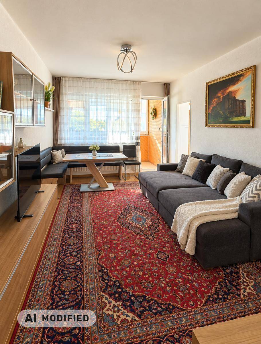 Gemütlicher Wohn-Essbereich mit großem Sofa, Esstisch und Zugang zum Balkon.