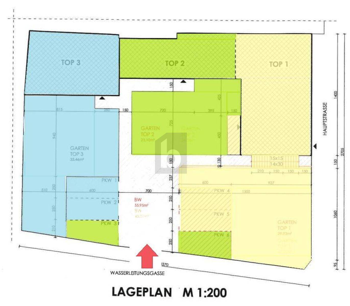 Lageplan des Grundstücks mit mehreren Einheiten, Parkplätzen und Gartenbereichen.