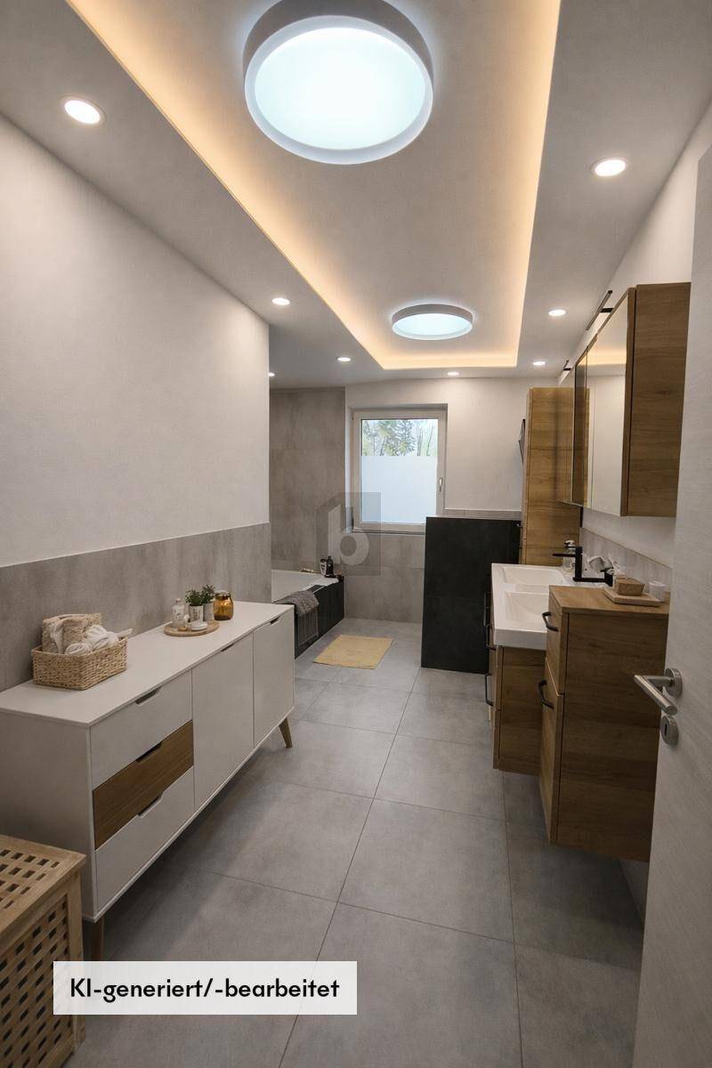 Modernes Badezimmer mit grauen Fliesen, Doppelwaschbecken und Badewanne.