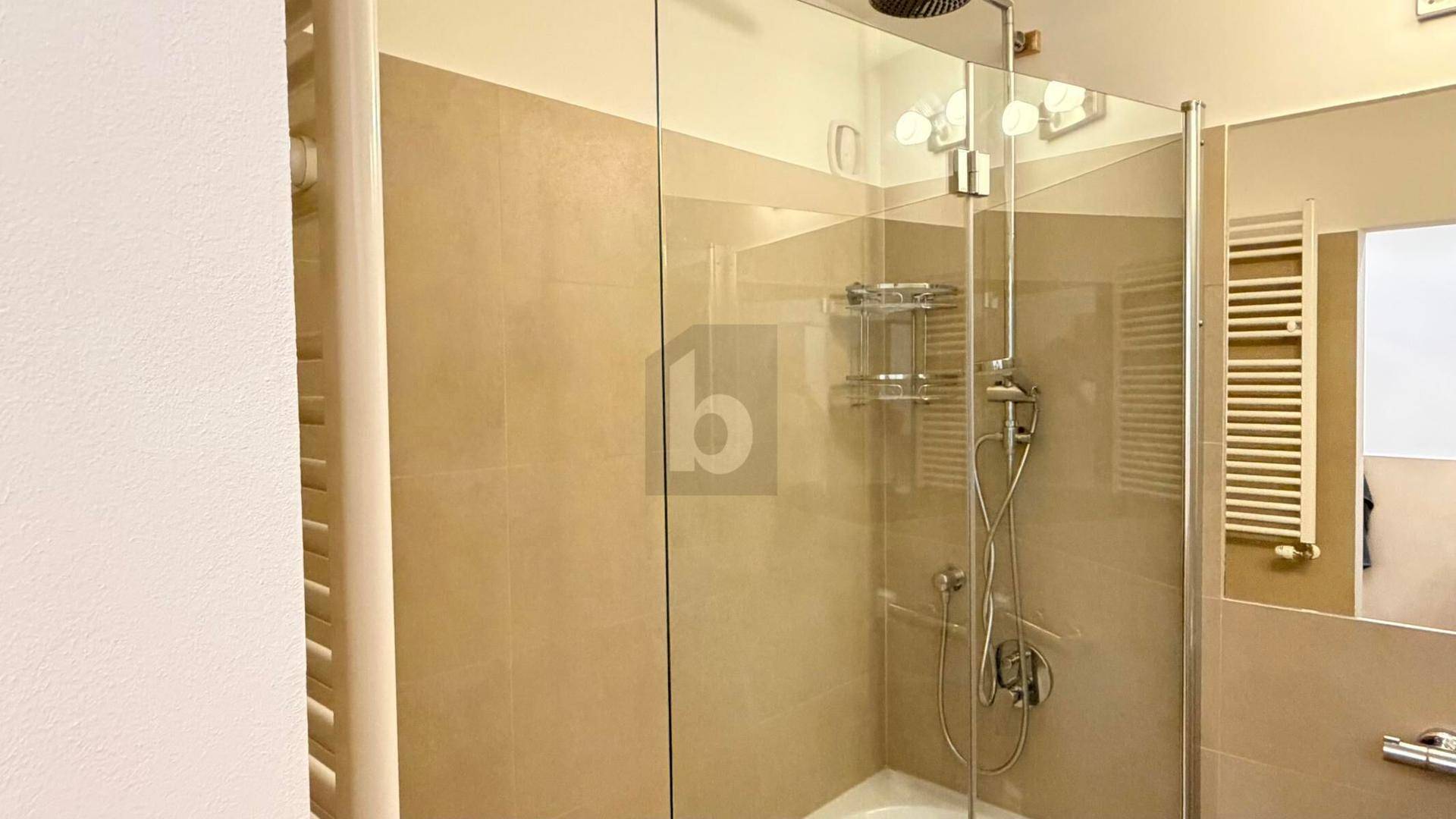 Modernes Badezimmer mit begehbarer Dusche und beheiztem Handtuchhalter in neutralen Farbtönen.