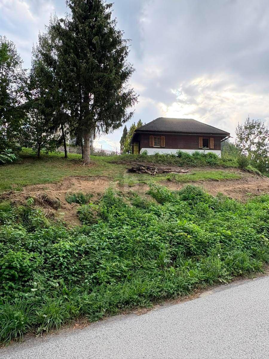 Das kleine Holzhaus liegt idyllisch auf einem Hügel, umgeben von Bäumen und viel Grün.