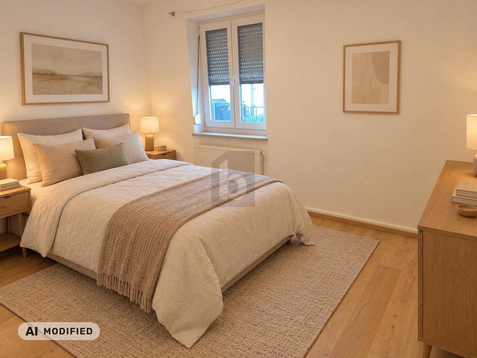 Gemütliches Schlafzimmer mit Doppelbett, Nachttischen und einem Fenster mit Rollladen.
