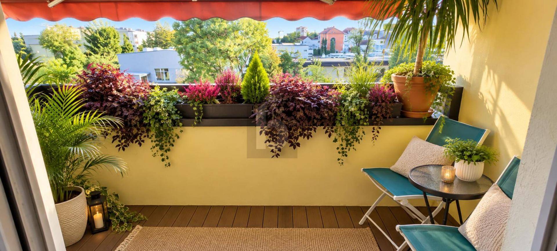 Farbenfroher Balkon mit vielen Pflanzen, gemütlichen Sitzgelegenheiten und Blick ins Grüne.