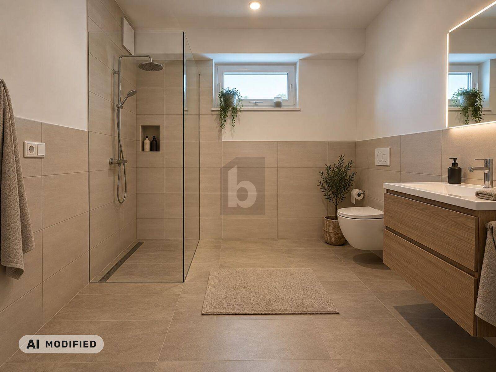 Modernes Badezimmer mit begehbarer Dusche, Holzwaschtisch und beigefarbenen Fliesen.