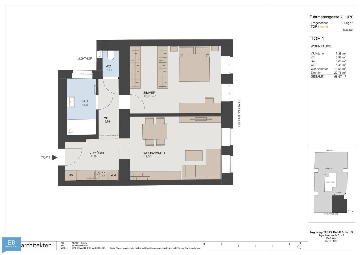 Grundriss einer Wohnung im Erdgeschoss mit Wohnzimmer, Schlafzimmer und separater Küche.
