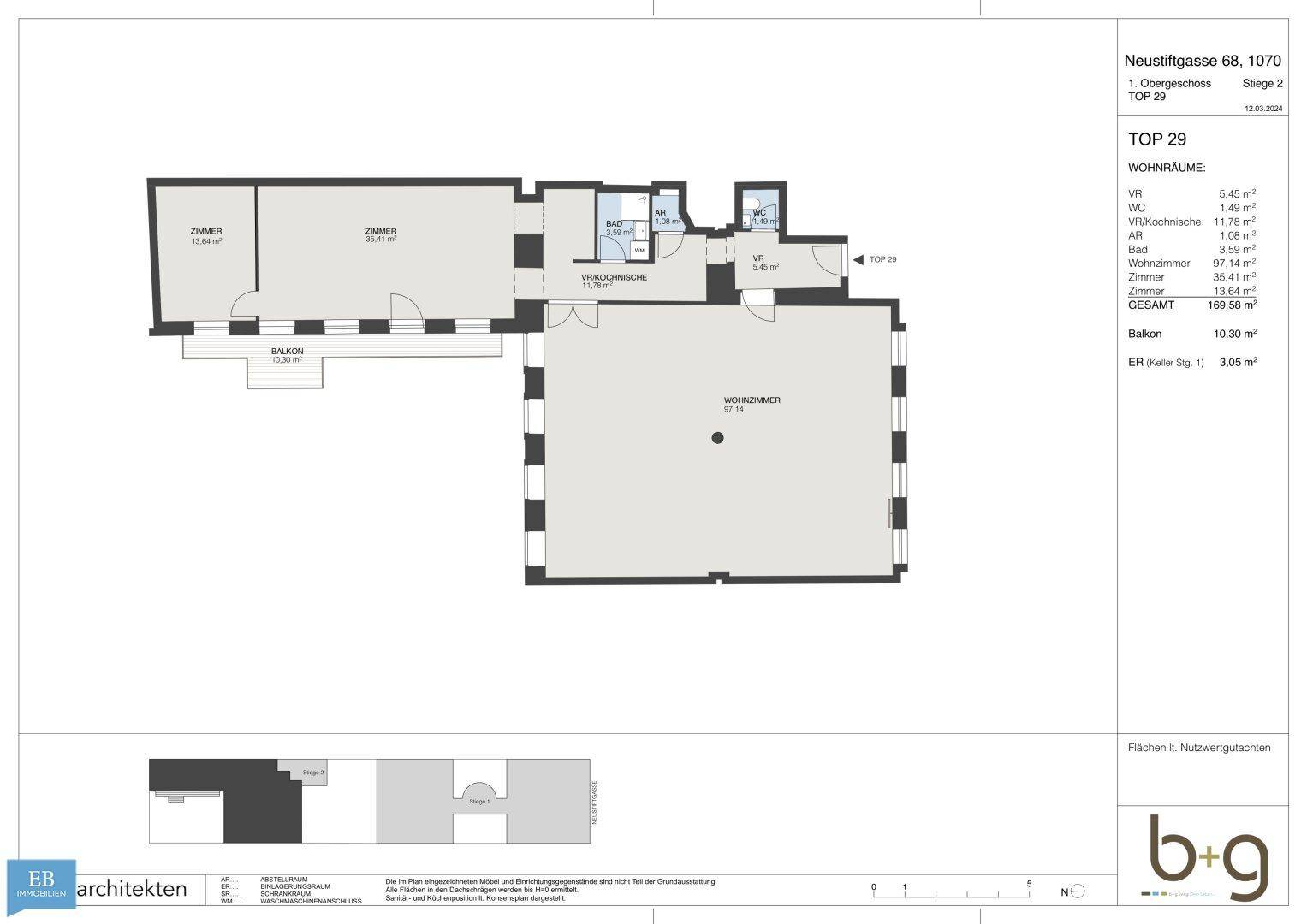 Grundriss der Wohnung Top 29 mit drei Zimmern, zwei Bädern und einem Balkon.