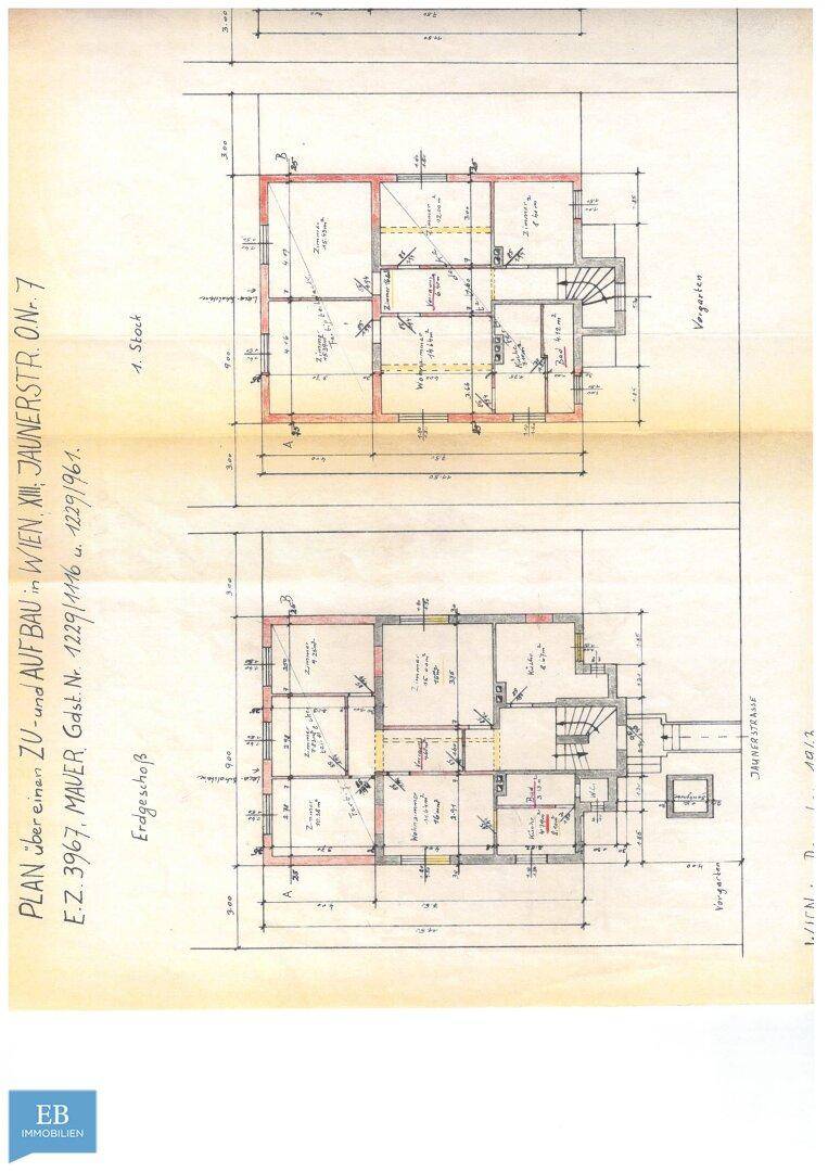 Grundriss des Erdgeschosses und des ersten Stocks mit detaillierter Raumaufteilung.