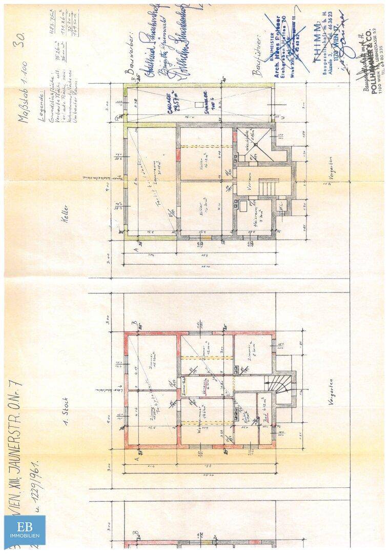 Detaillierter Grundriss des Kellers und des ersten Stocks mit Raumaufteilung.