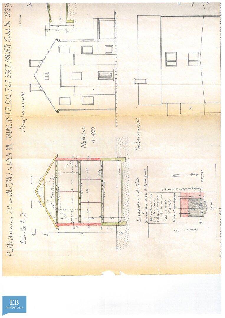 Architektonische Zeichnungen mit Schnittansicht und verschiedenen Gebäudeansichten.