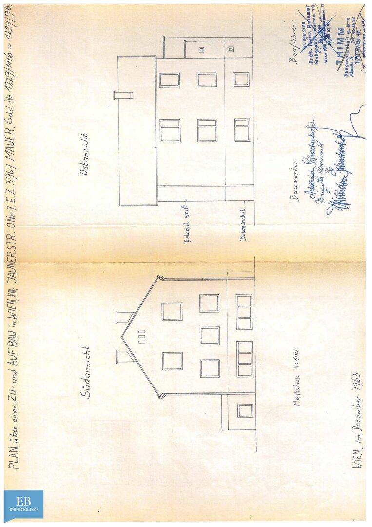 Ansichten des Gebäudes von Süden und Osten mit Fensteranordnungen.