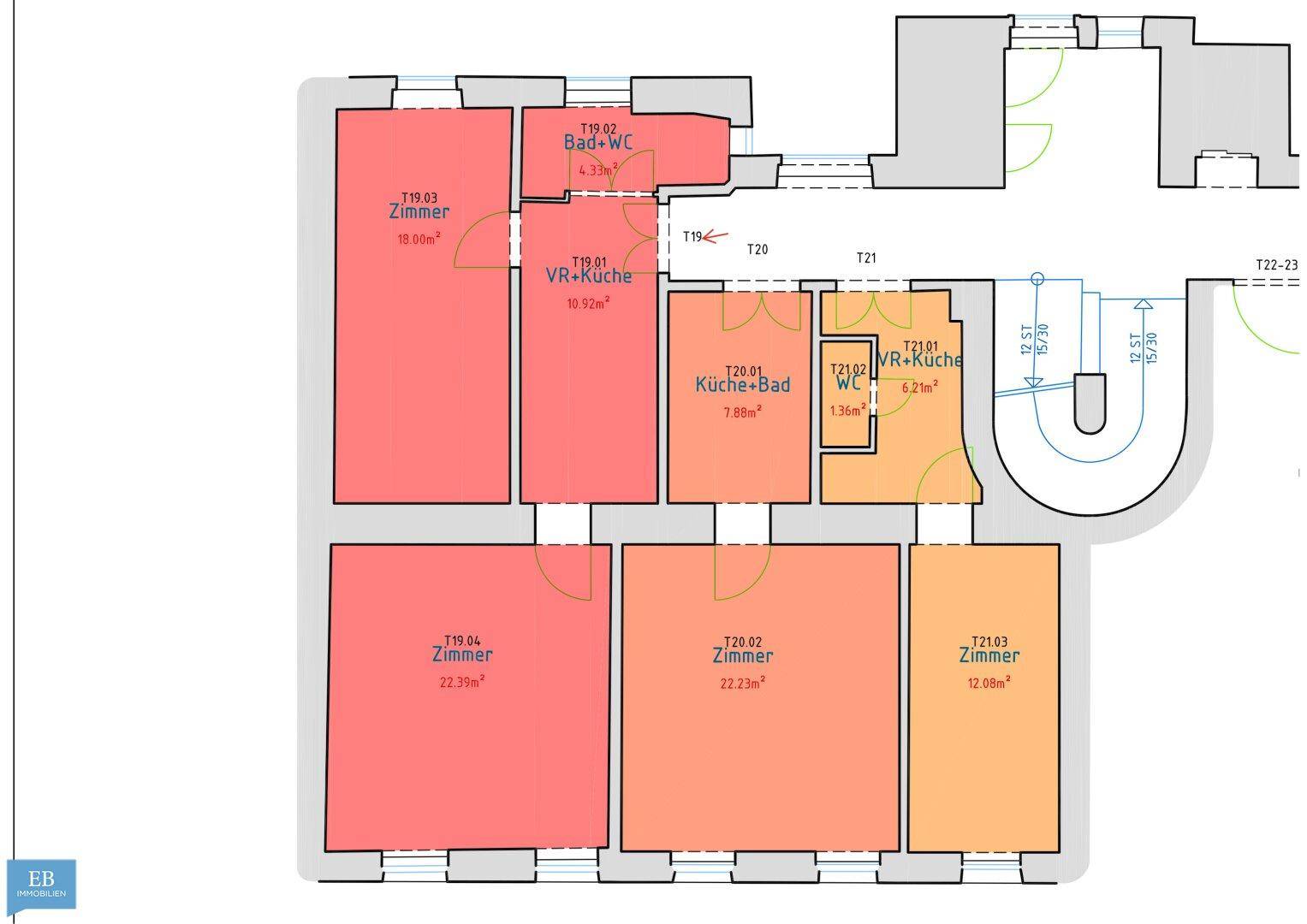 Grundriss einer Wohnung mit mehreren Zimmern, Bädern und Küchenbereichen.