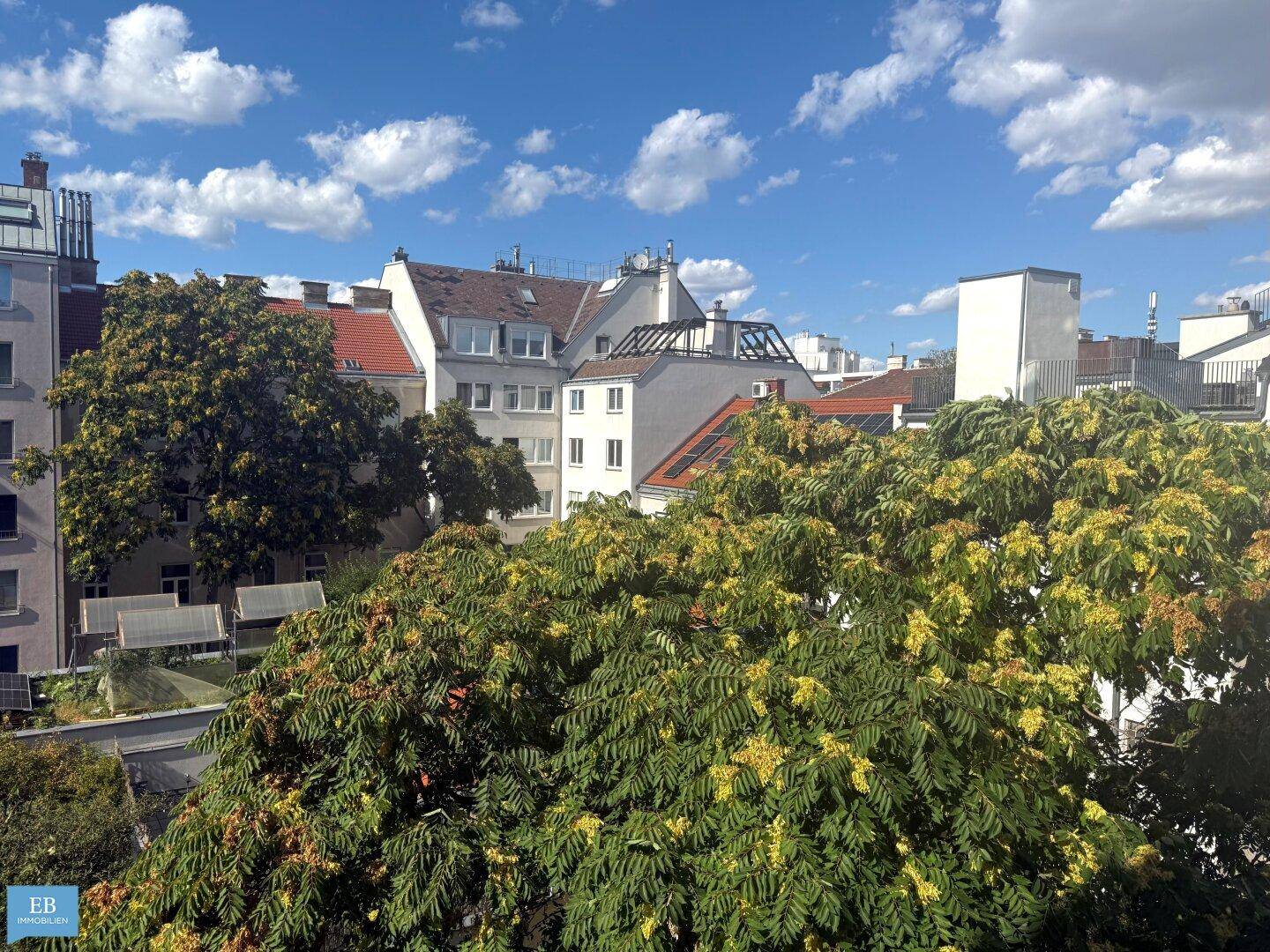 Panoramablick über die Dächer der Stadt mit üppigem Grün und sonnigem Himmel.