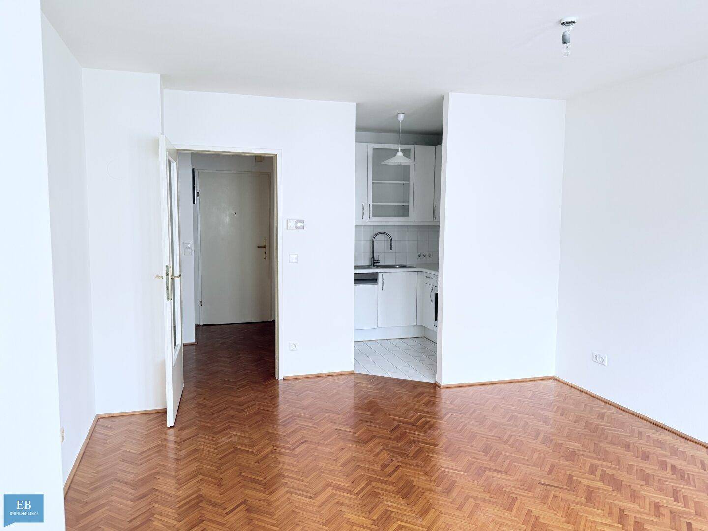 Wohnbereich mit Zugang zu einer kleinen, funktionalen Küchenzeile und Flur.