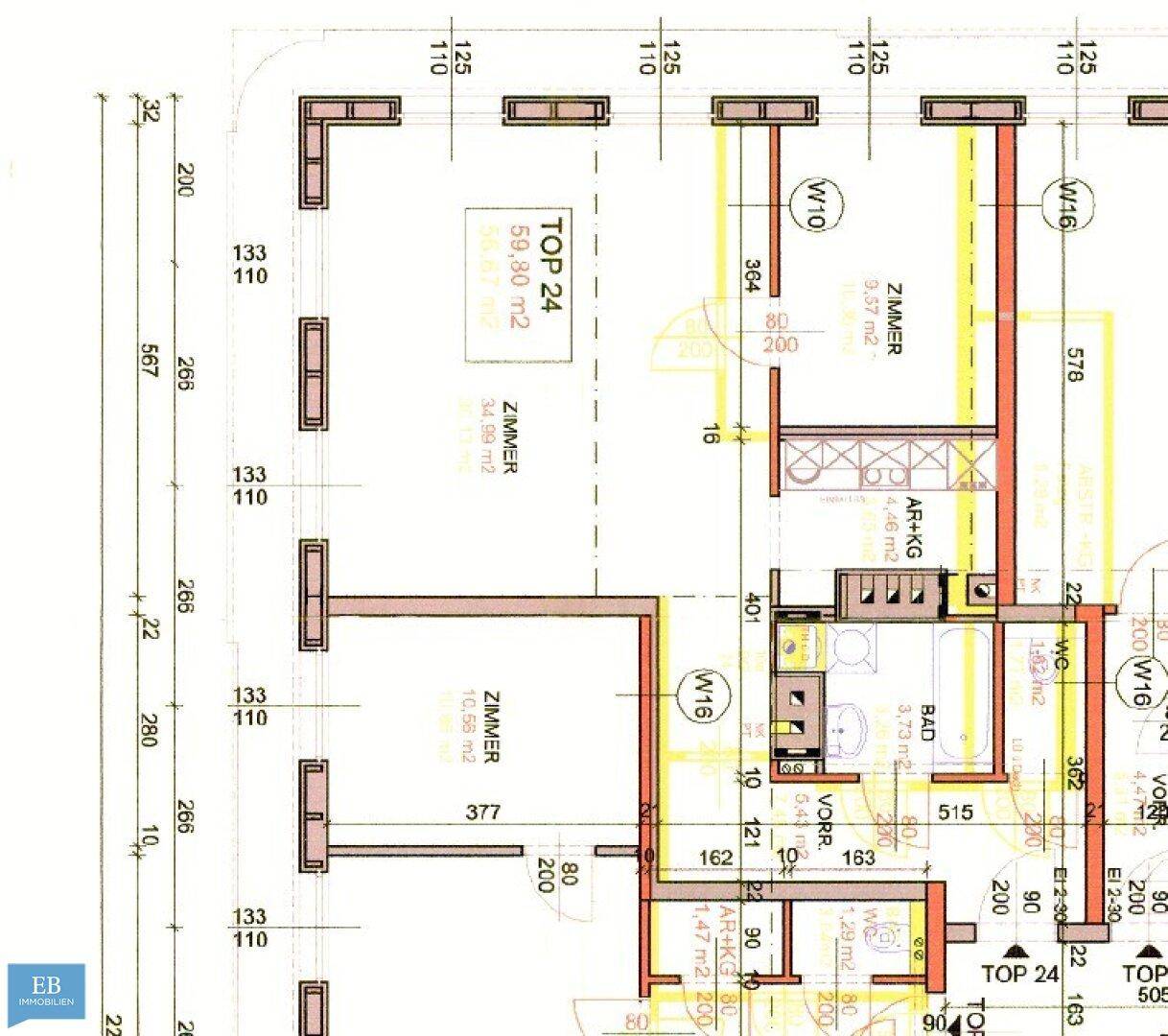 Detaillierter Grundriss einer Wohnung mit mehreren Zimmern, Bad und WC.