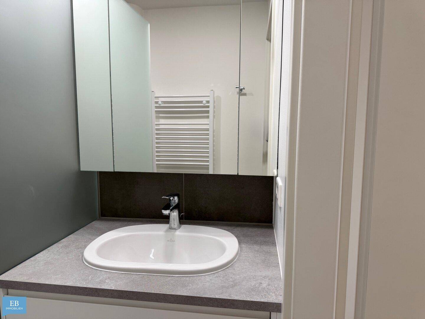 Waschtisch mit integriertem Waschbecken und Spiegelschrank in einem modernen Badezimmer.