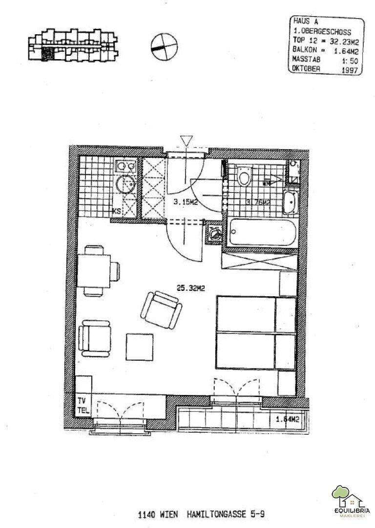 Grundriss einer Wohnung mit einem Zimmer, Bad und Balkon, Gesamtfläche 32,23m².