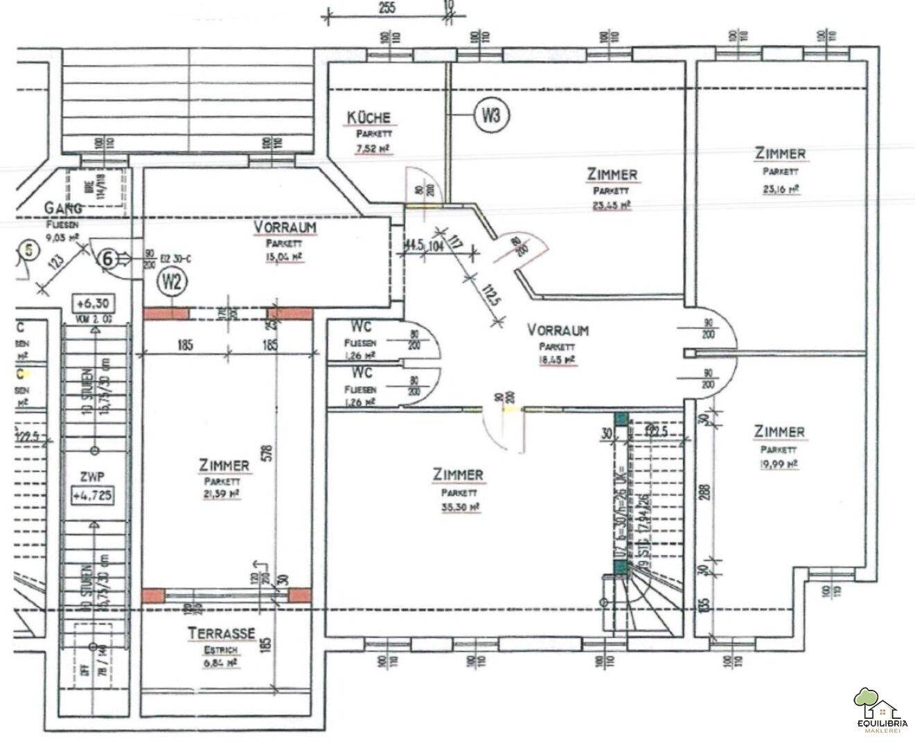 Detaillierter Grundriss mit mehreren Zimmern, Küche, Vorräumen und zwei WCs.