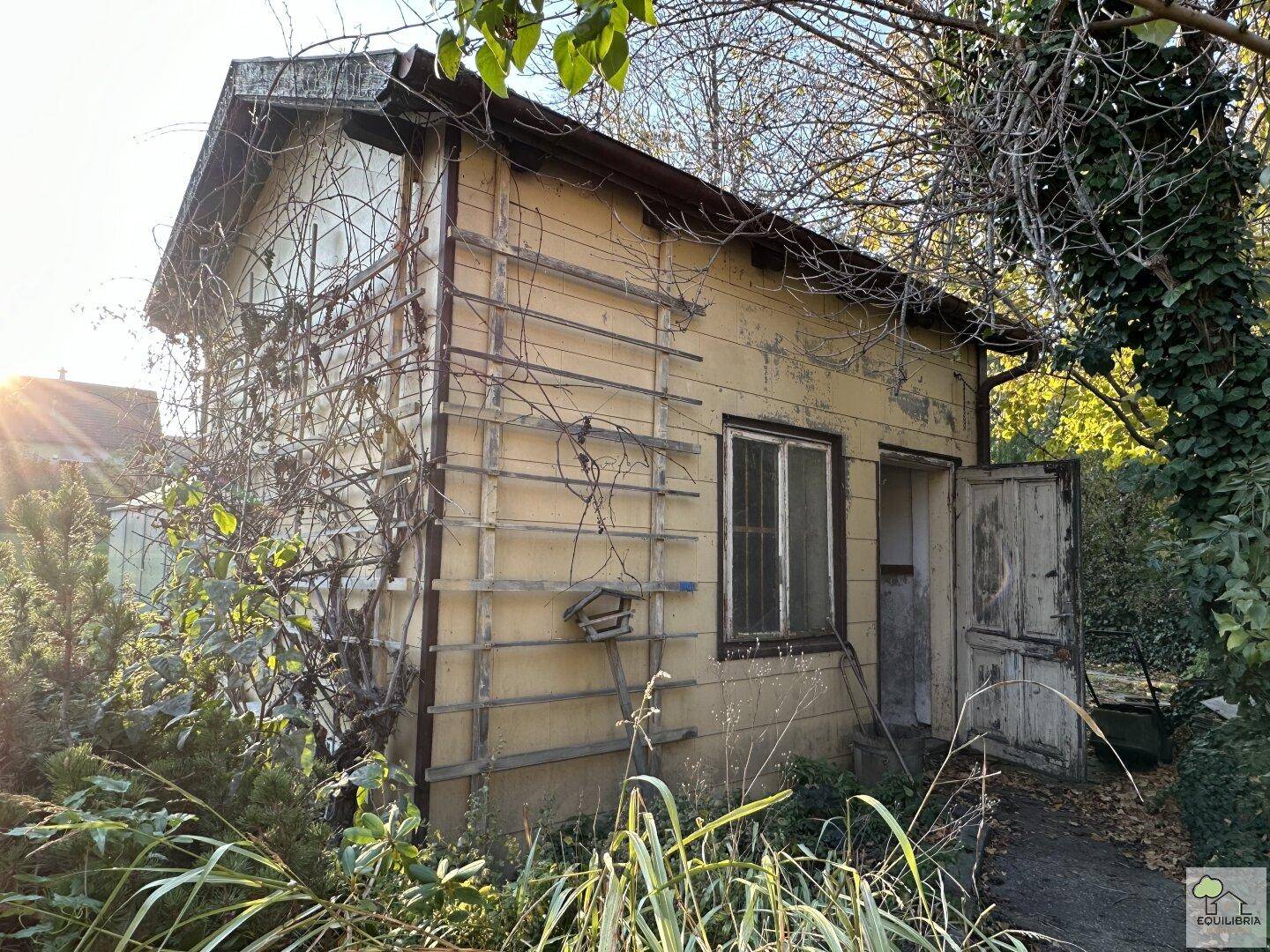 Rustikales Gartenhaus aus Holz mit Rankpflanzen und einem Vogelhäuschen im Garten.