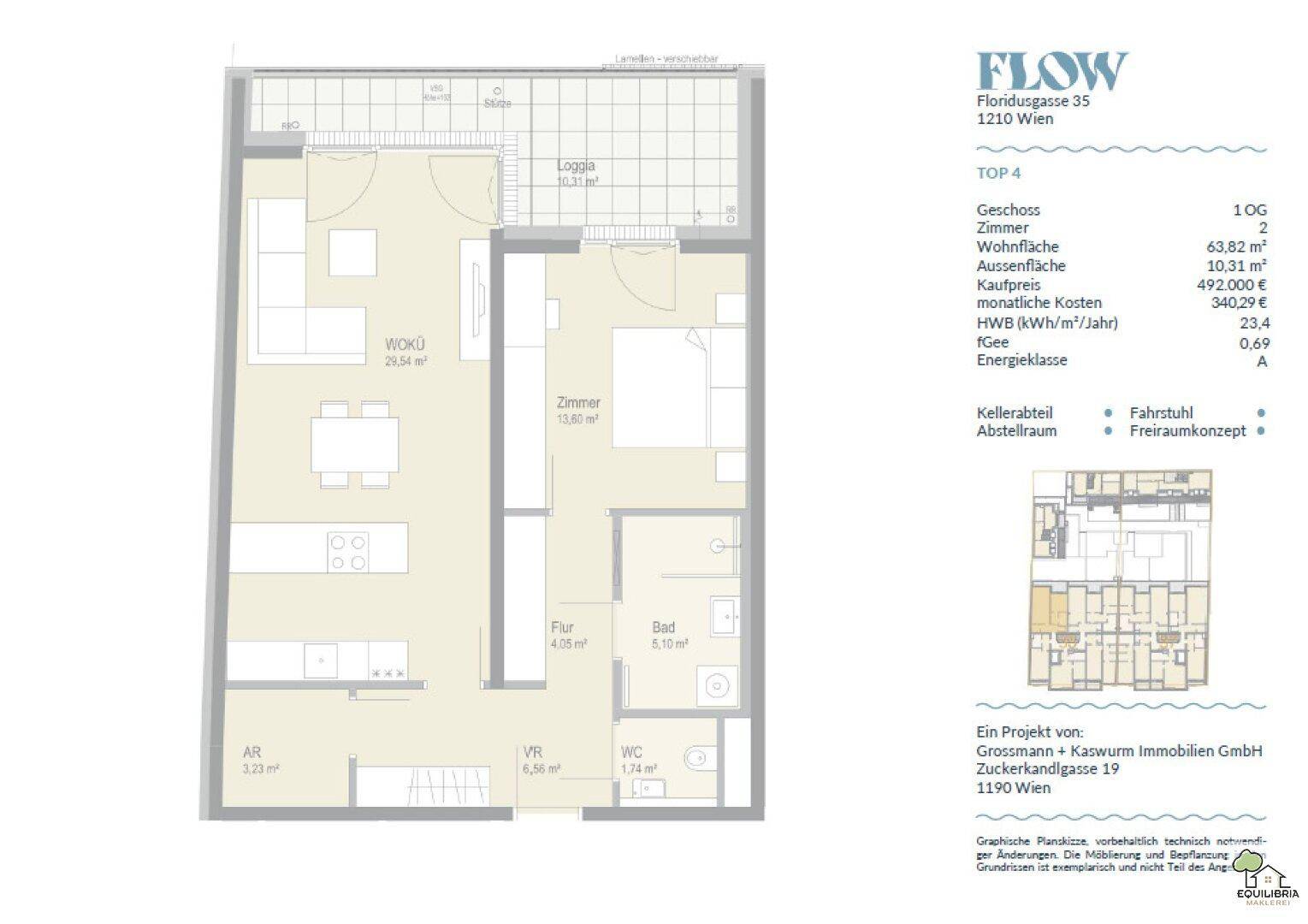 Grundriss einer Wohnung mit offener Wohnküche, einem Schlafzimmer, Bad, separatem WC und einer Loggia.