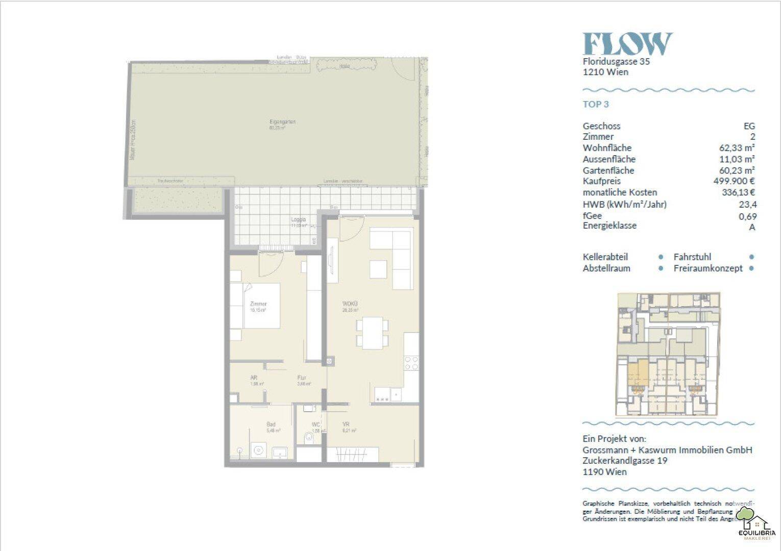 Grundriss einer modernen Erdgeschosswohnung mit offenem Wohnbereich, großer Terrasse und privatem Garten.