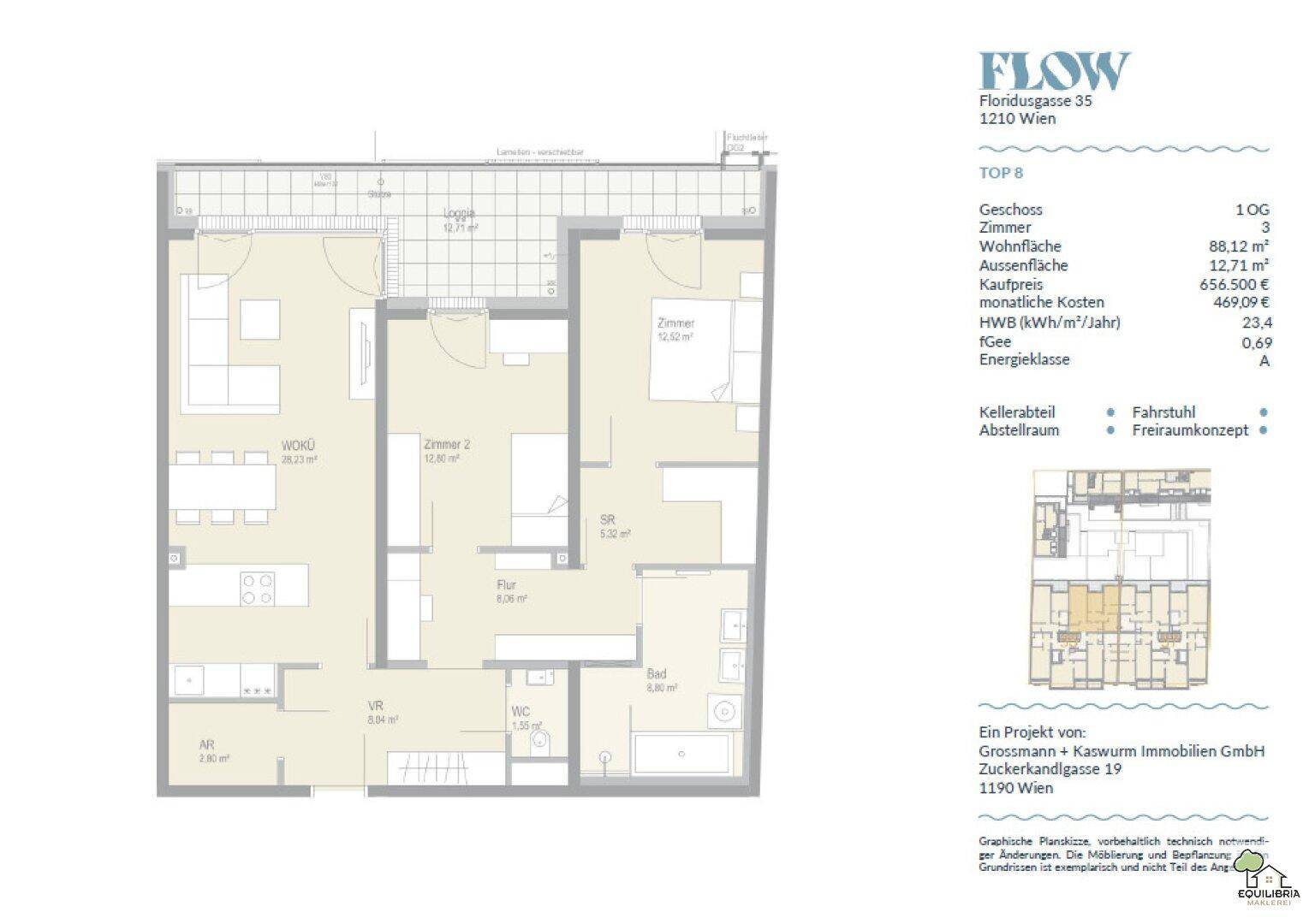 Detaillierter Grundriss der Wohnung TOP 8 mit Wohnküche, Loggia und separatem WC.
