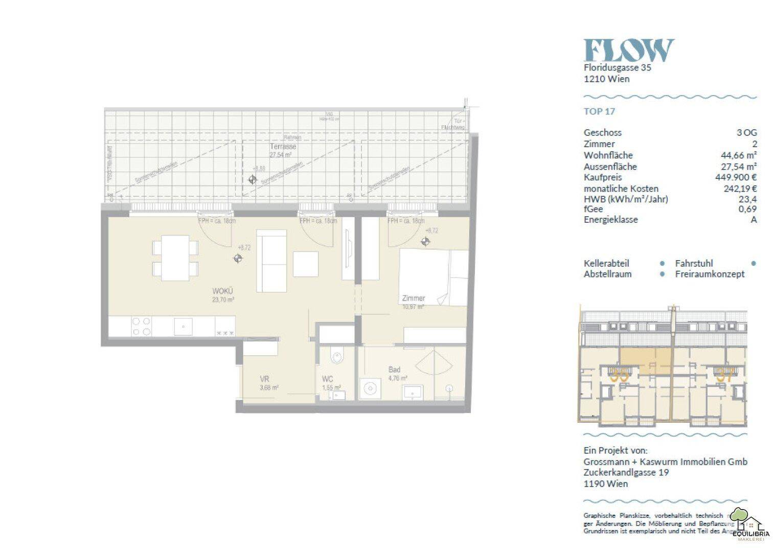 Grundriss einer Wohnung im 3. Obergeschoss mit offener Wohnküche, Schlafzimmer und großer Terrasse.