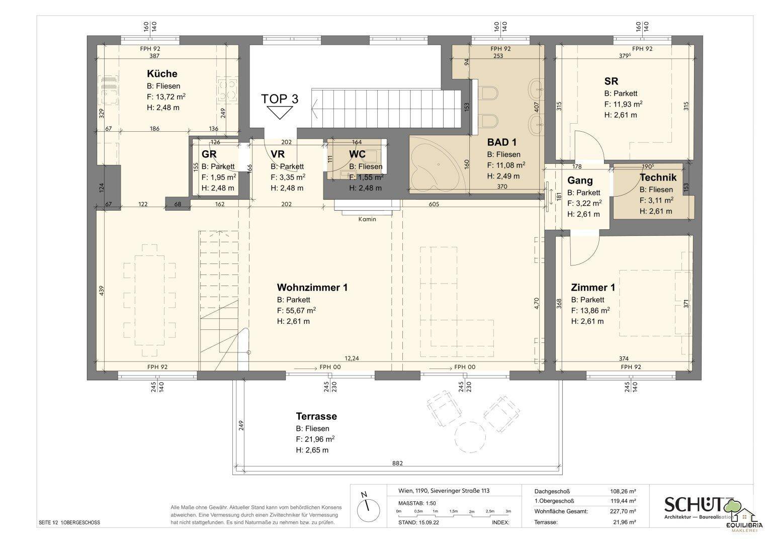 Grundriss des Erdgeschosses mit Wohnzimmer, Küche, Terrasse und einem Schlafzimmer.