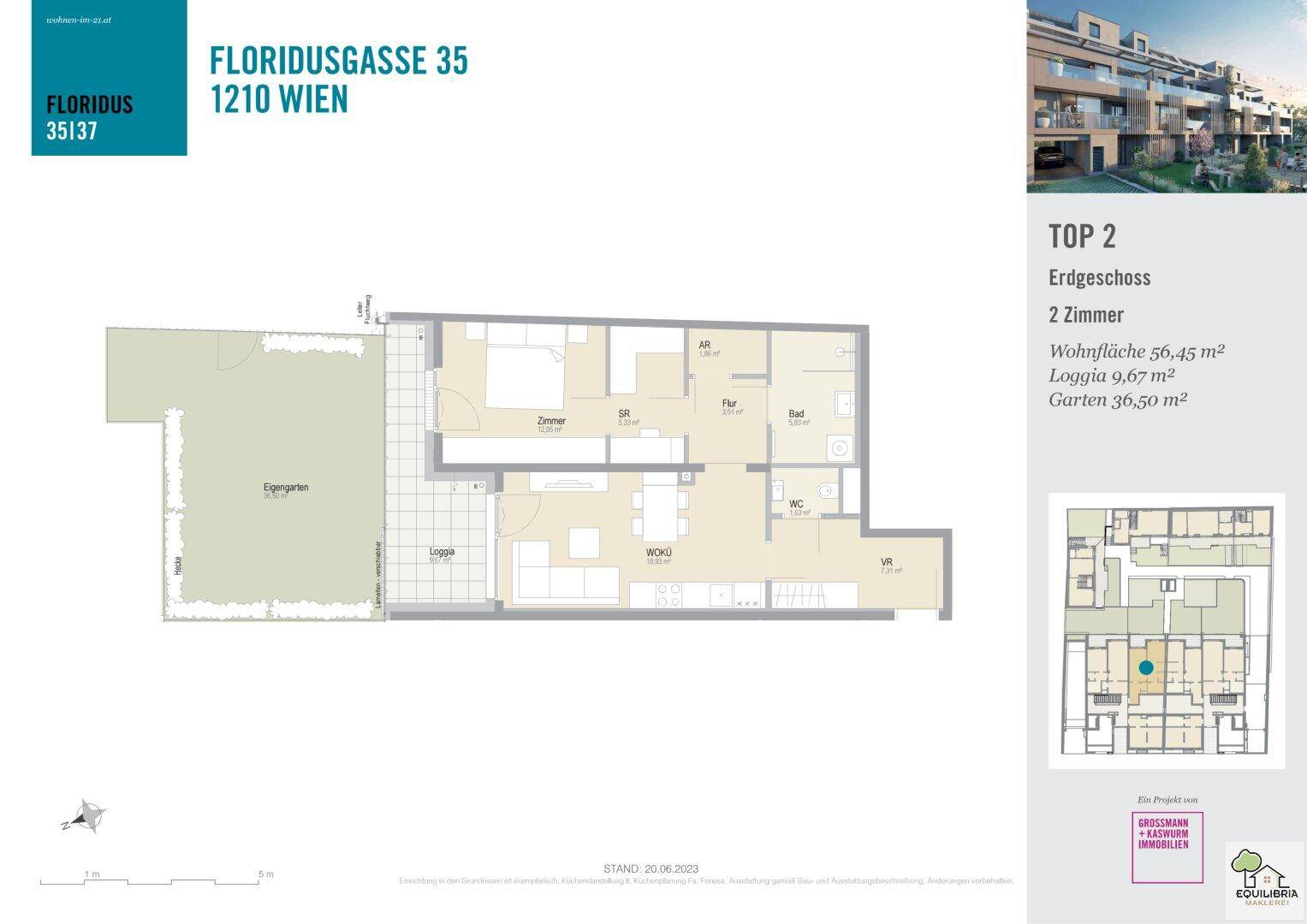 Grundriss der Erdgeschosswohnung Top 2 mit Wohnfläche, Loggia und eigenem Garten.