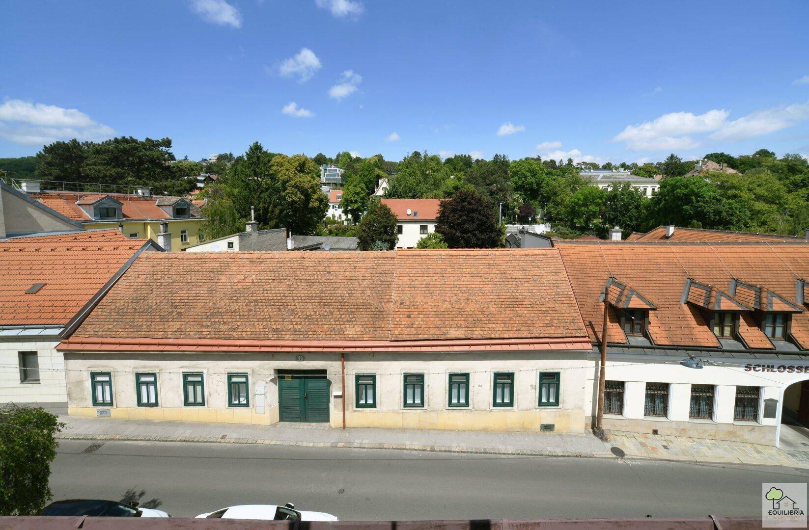 Blick über die Dächer der Nachbarschaft mit traditionellen Gebäuden und viel Grün unter blauem Himmel.
