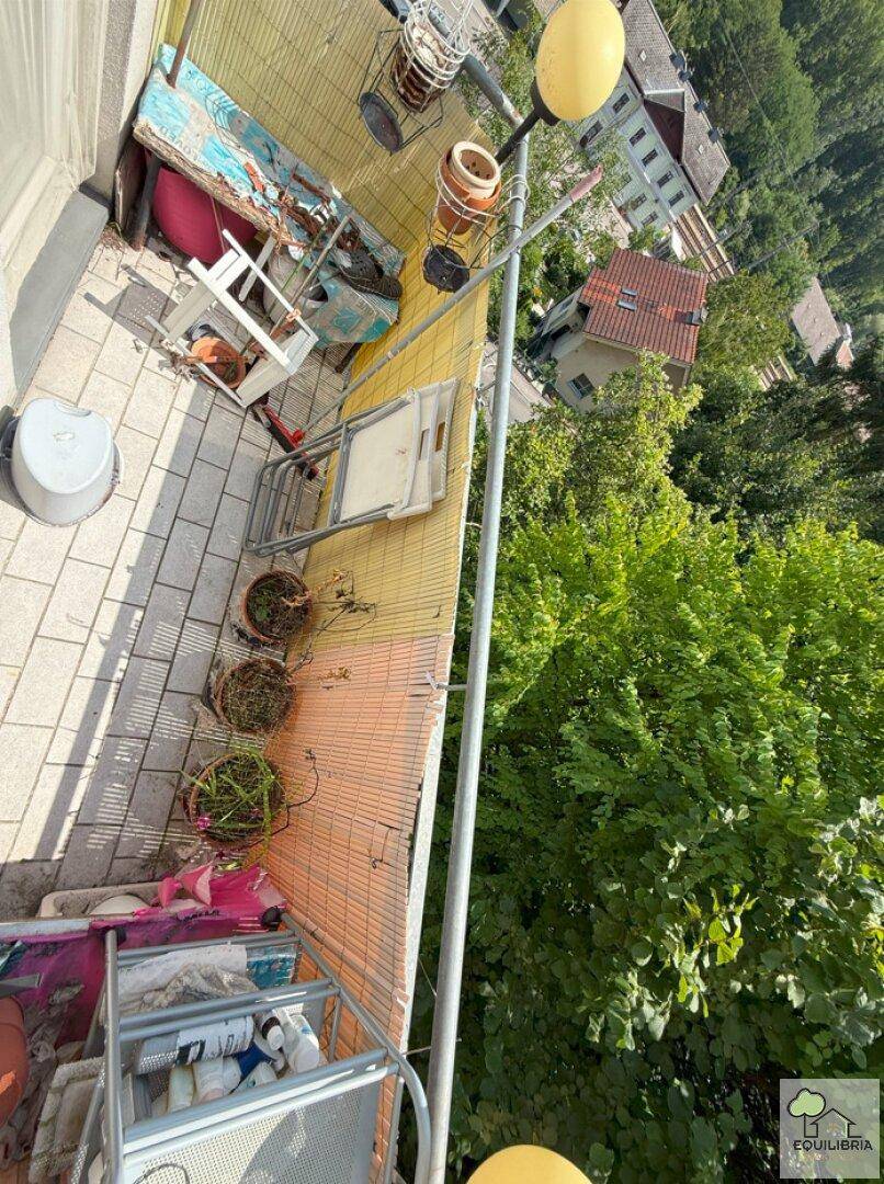 Balkon mit verschiedenen Pflanzen und Blick auf die grüne Umgebung.