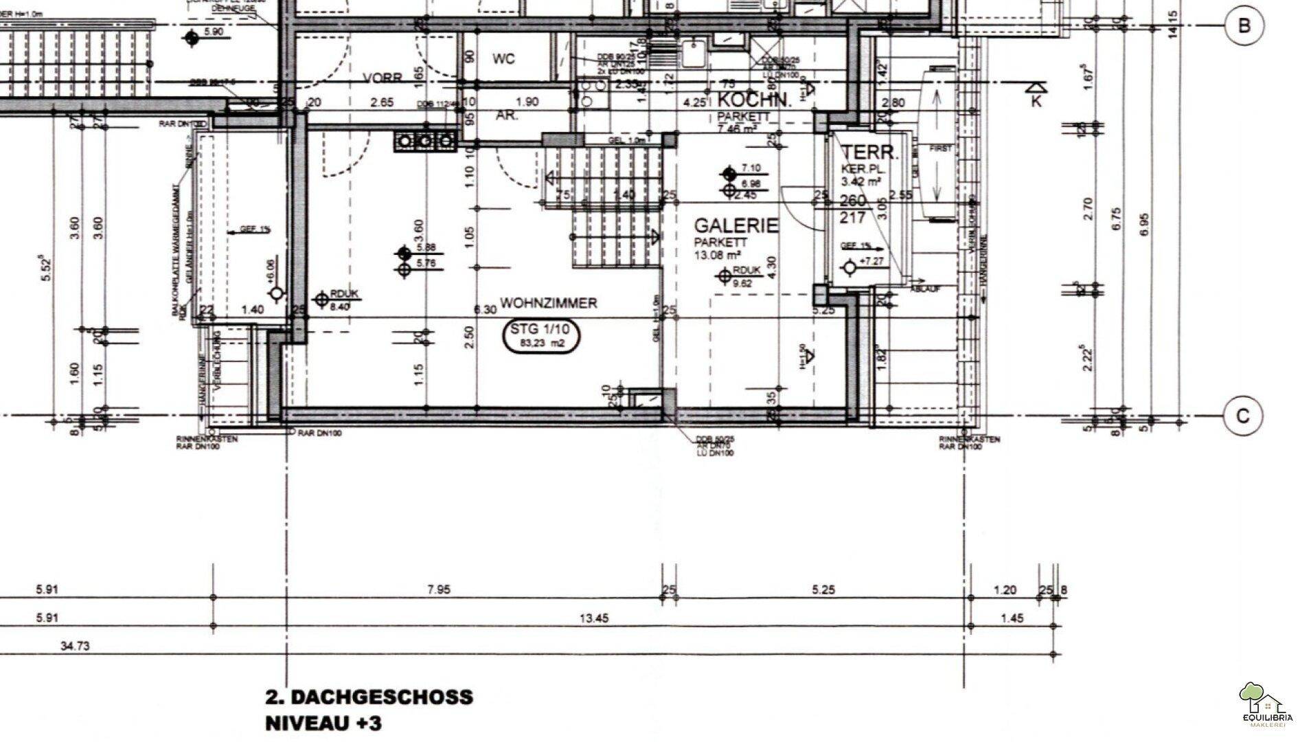 Grundriss des 2. Dachgeschosses mit Wohnzimmer, Galerie, Küche und Terrasse.