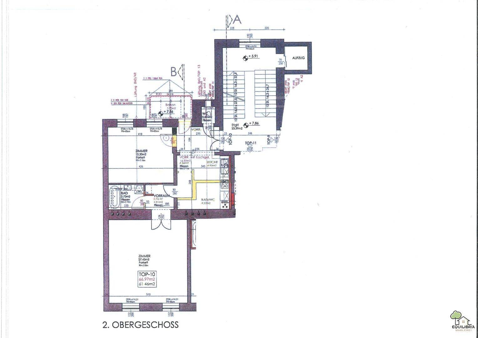 Grundriss des 2. Obergeschosses mit Zimmern, Treppenhaus und Aufzug.