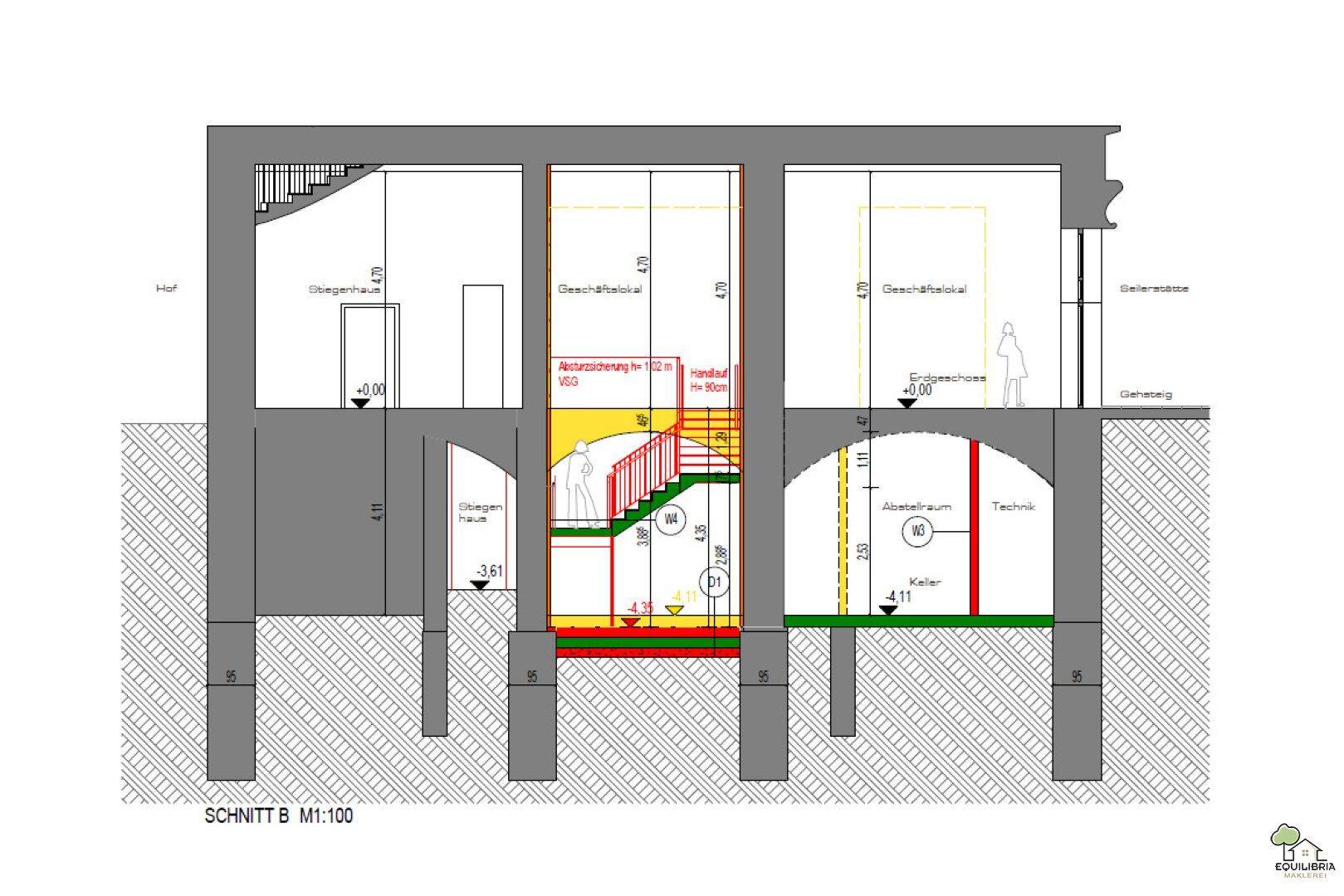 Schnittansicht des Gebäudes zeigt die vertikale Struktur mit Keller, Erdgeschoss und Treppenhaus.
