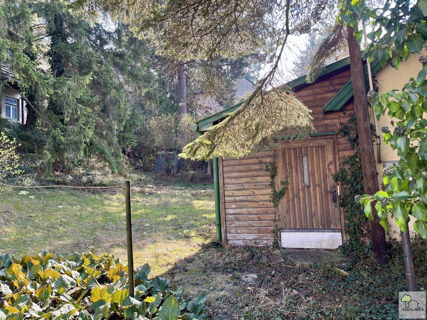Eingangsbereich eines rustikalen Holzgebäudes, umgeben von einem sonnigen Garten mit Bäumen.