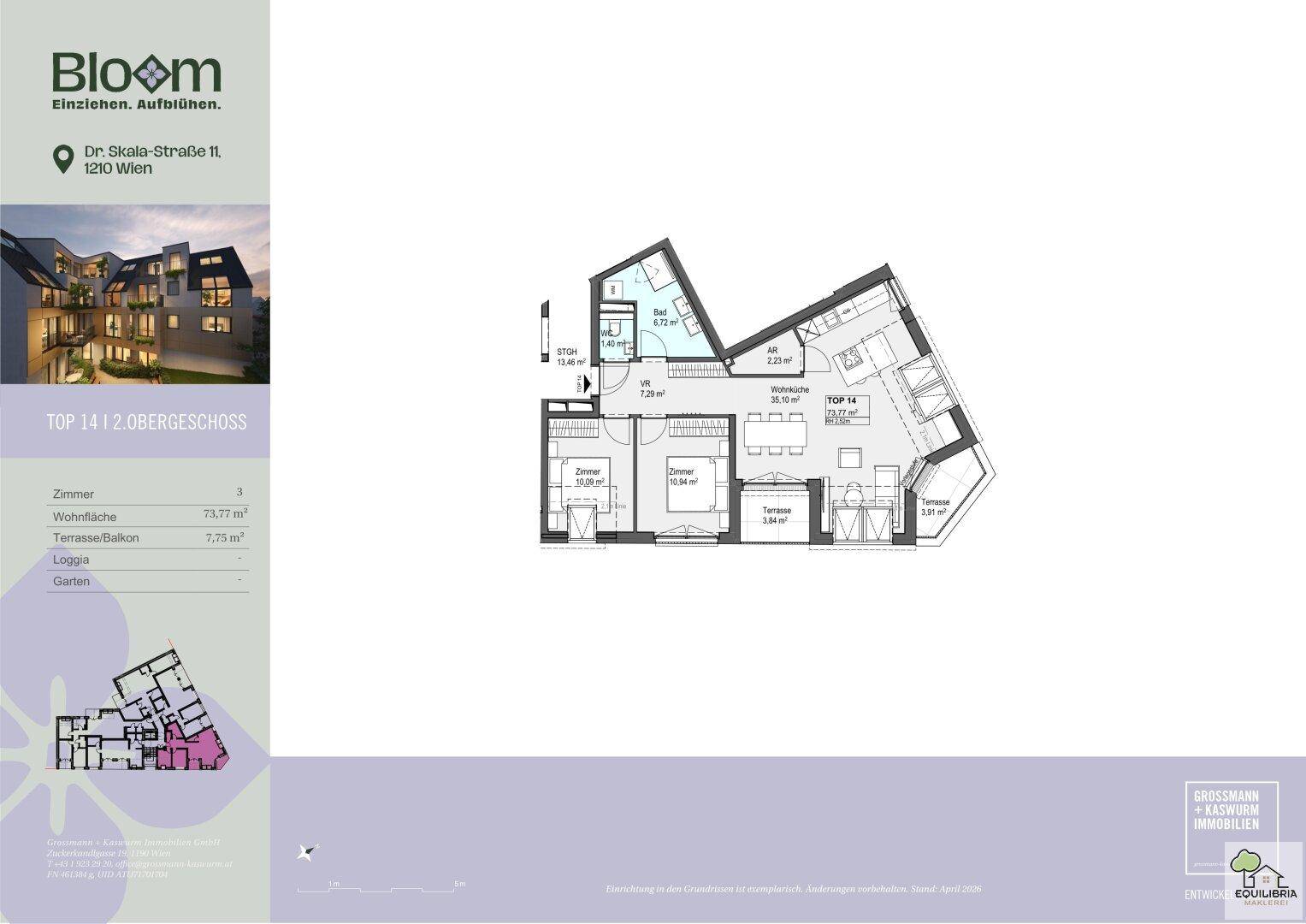 Grundriss der Wohnung TOP 14 im 2. Obergeschoss mit offener Wohnküche, zwei Schlafzimmern und zwei Terrassen.