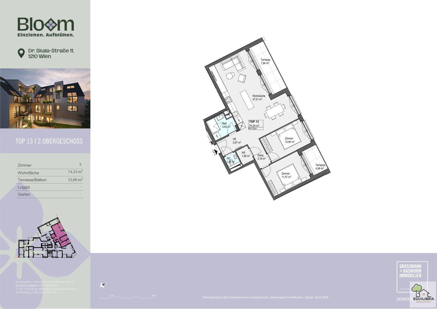 Grundriss der Wohnung TOP 13 im 2. Obergeschoss mit offenem Wohnbereich, zwei Schlafzimmern und zwei Balkonen.