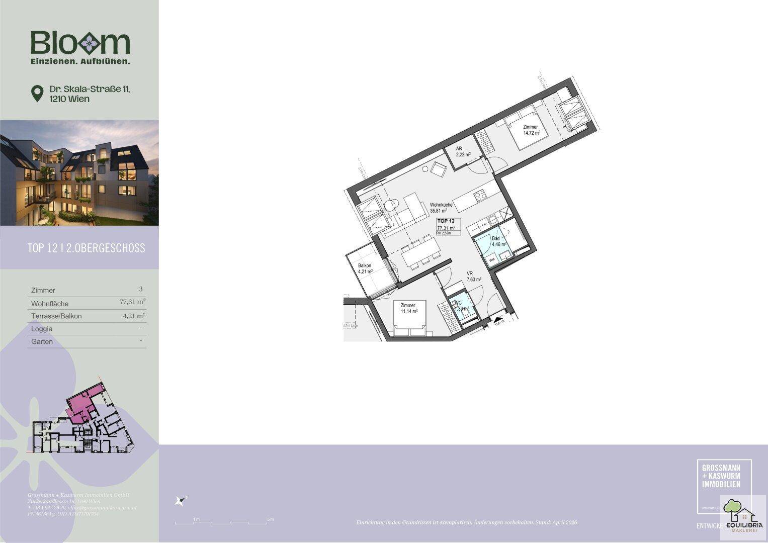 Grundriss der Wohnung TOP 12 im 2. Obergeschoss mit offenem Wohnbereich, Balkon und zwei Bädern.